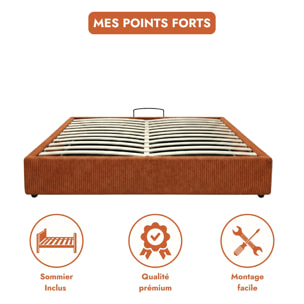 Lit coffre Futura | Ouverture électrique avec télécommande | Espace de stockage jusqu'à 900 L | Velours Côtelé | Terracotta