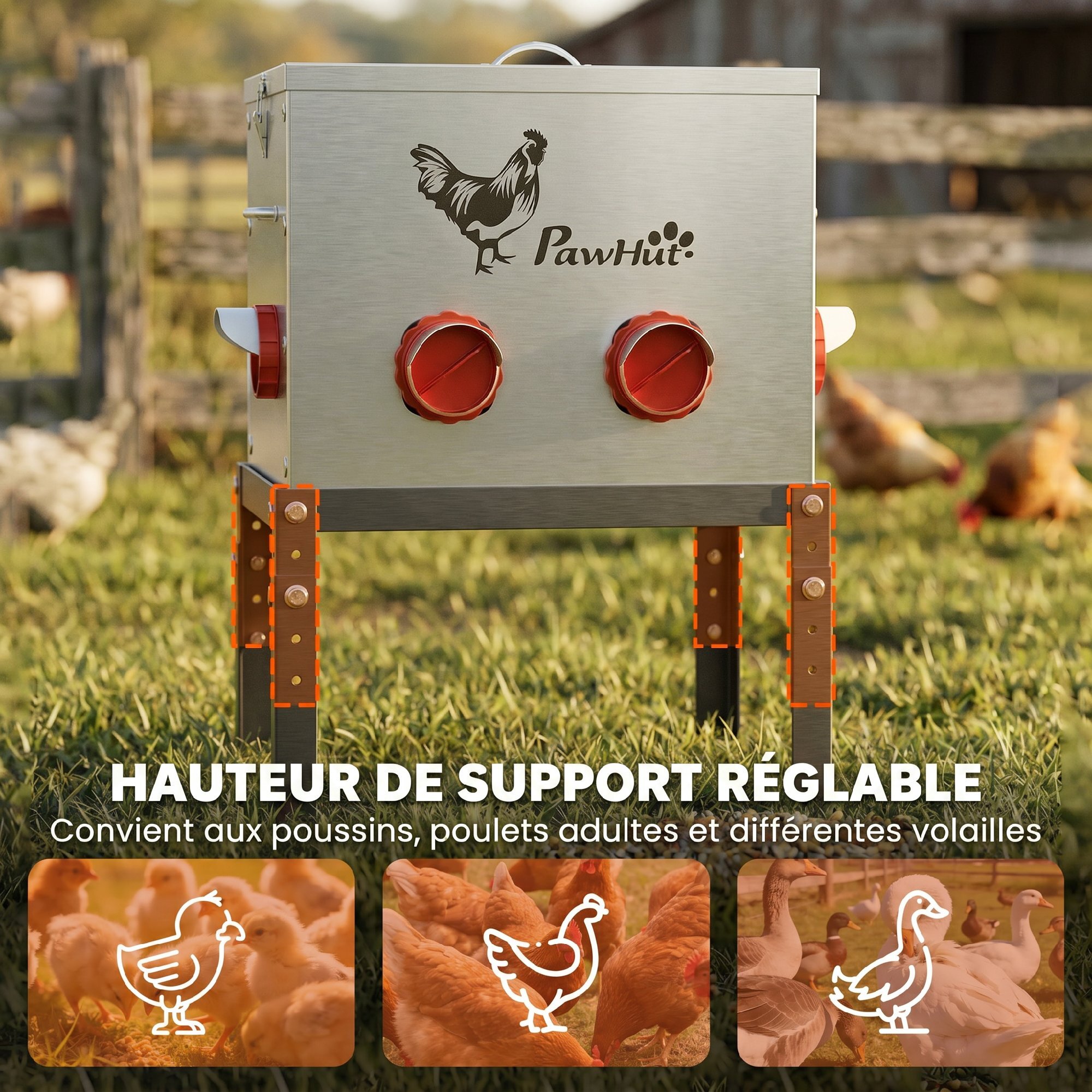 Mangeoire automatique pour poules 27L hauteur reglable 6 ports anti-conflits acier argent noir