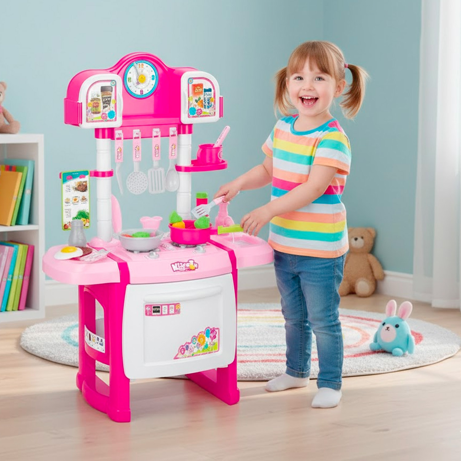 Cucina Giocattolo Per Bambini Con Luci E Suoni Realistici 18 Accessori Rubinetto Con Riciclo Dell'Acqua Set Cucina Educativo 3–8 Anni Rosa E Bianco