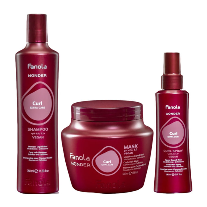 FANOLA Kit Wonder Curl Champú 350ml + Mascarilla 500ml + Spray 150ml