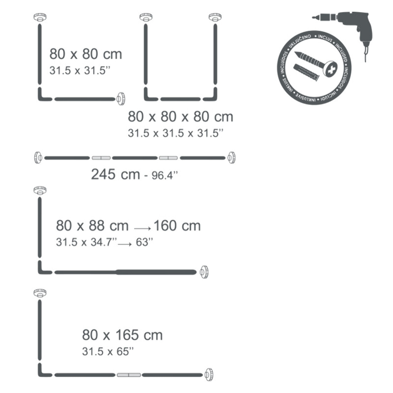 Barre tringle pour rideau de douche d'angle modulable à  fixer en Alu 80x80x80cm Blanc MSV