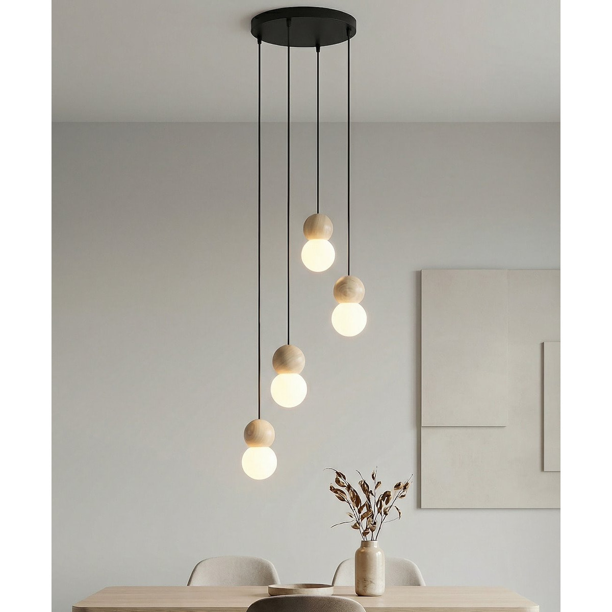Lampada a sospensione LOOP in acciaio nero e legno naturale