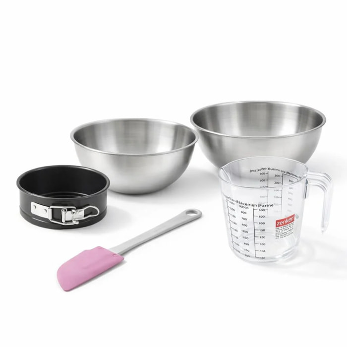Set pâtisserie avec mini moule à manqué, 2 bols à mixer, verre mesureur et spatule Zenker