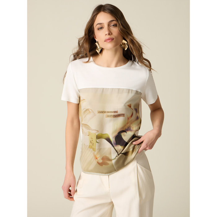 Oltre - Camiseta con inserto de raso estampado - Blanco