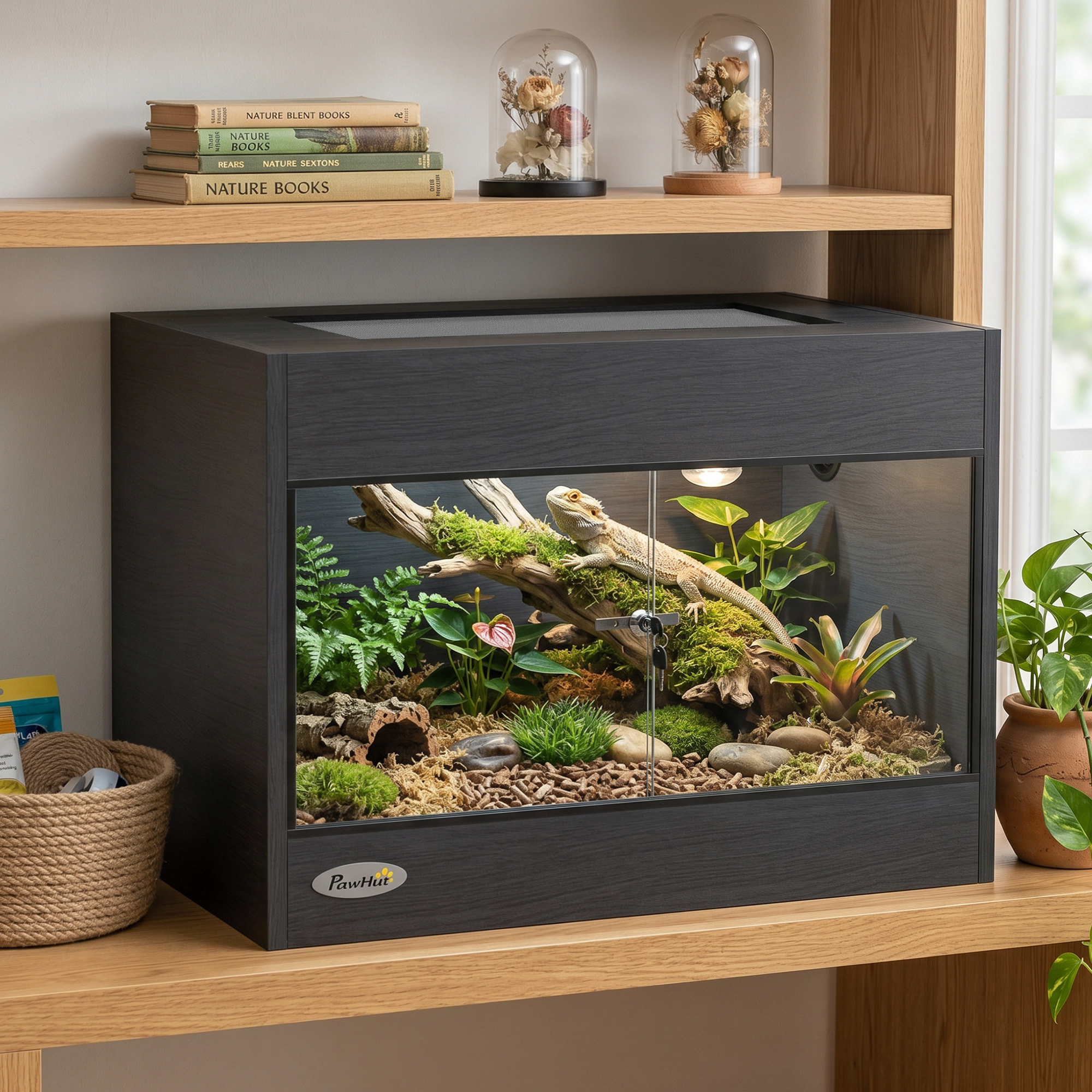 Terrarium design effet bois noir porte verre verrouillable 60x45x45cm