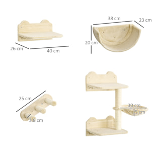 Estante de Escalada para Gatos de Pared Juego de Estantes para Gatos 4 Piezas con Hamaca Nido Rascador Plataformas para Saltar y Poste de Sisal Beige