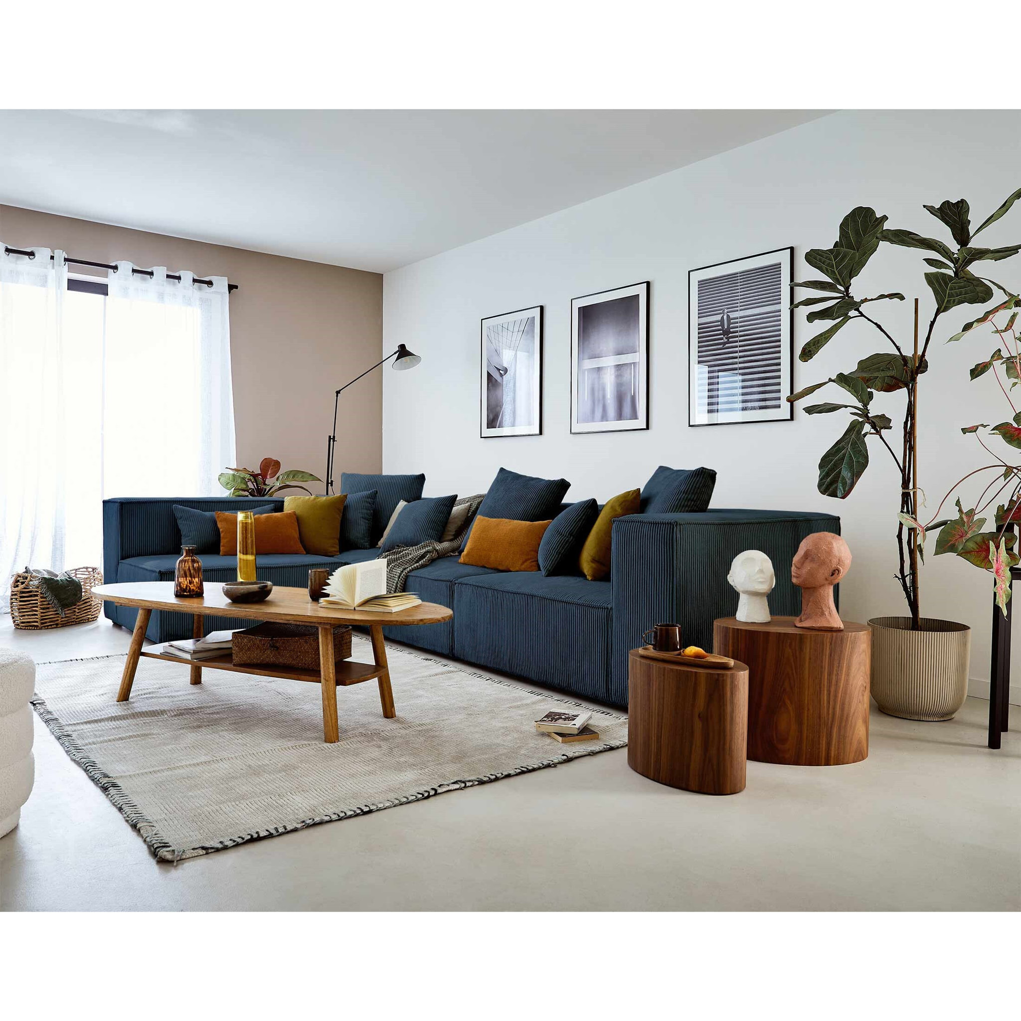 Colombine - canapé modulable d'angle gauche - 6 places - en velours côtelé - Bleu nuit