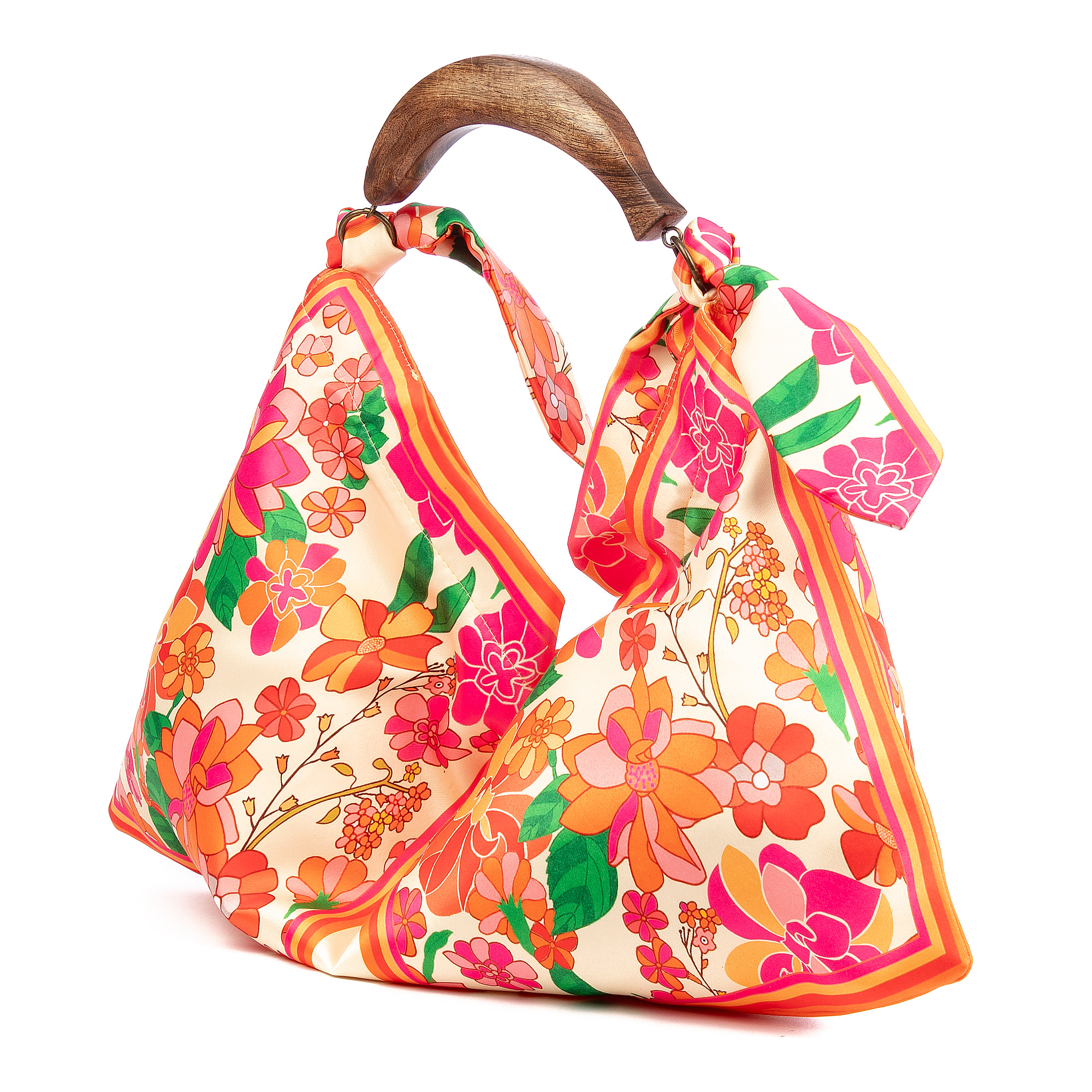 Bereguardo Bolso de hombro Mujer. Fabricado en tejido suave estampado con tintes naturales con asa de madera.