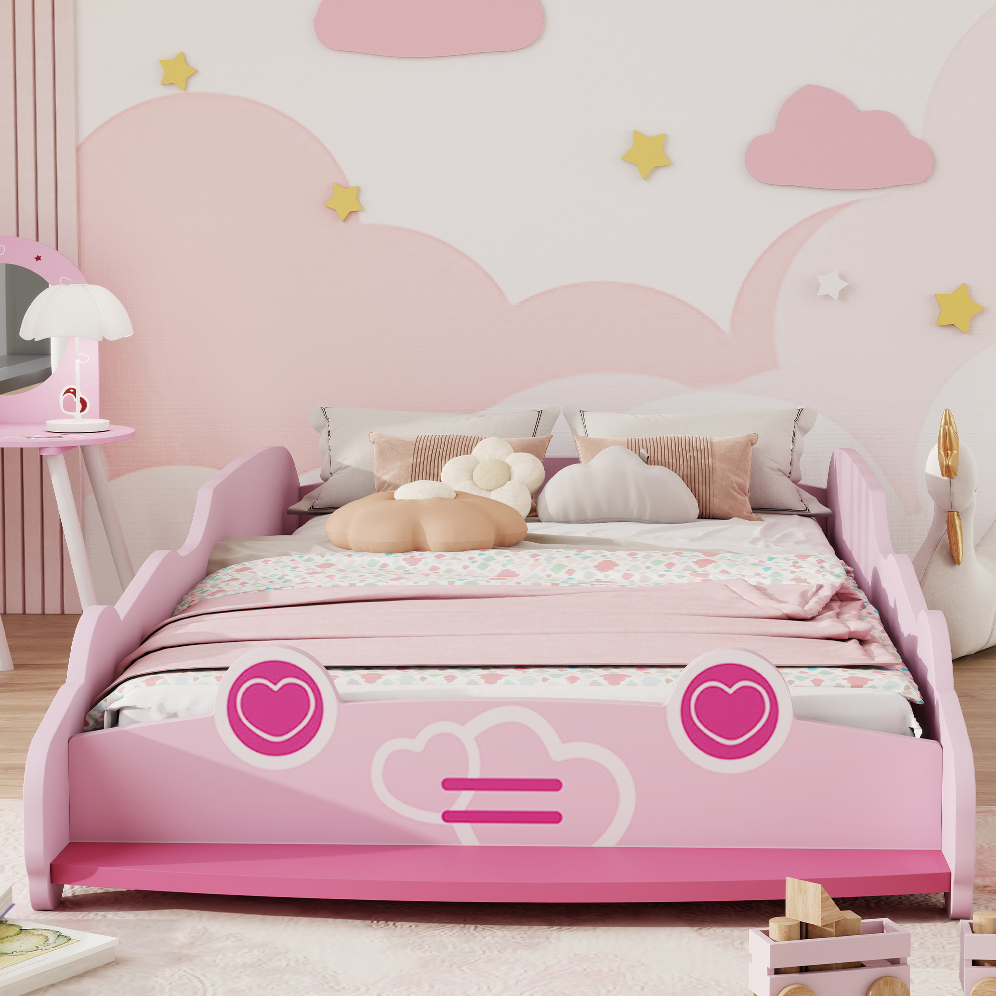 Cama Infantil 70x140 cm, Forma de Coche, Cama para Niños con Barrera Anticaídas y Somier, para Niños y Niñas de 3-5 Años, Rosa