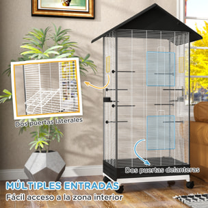 Jaula para Pájaros con Ruedas Pajarera Metálica con Bandeja Extraíble 4 Puertas 2 Comedores 8 Perchas para Canarios Periquitos 79x65x155 cm Negro