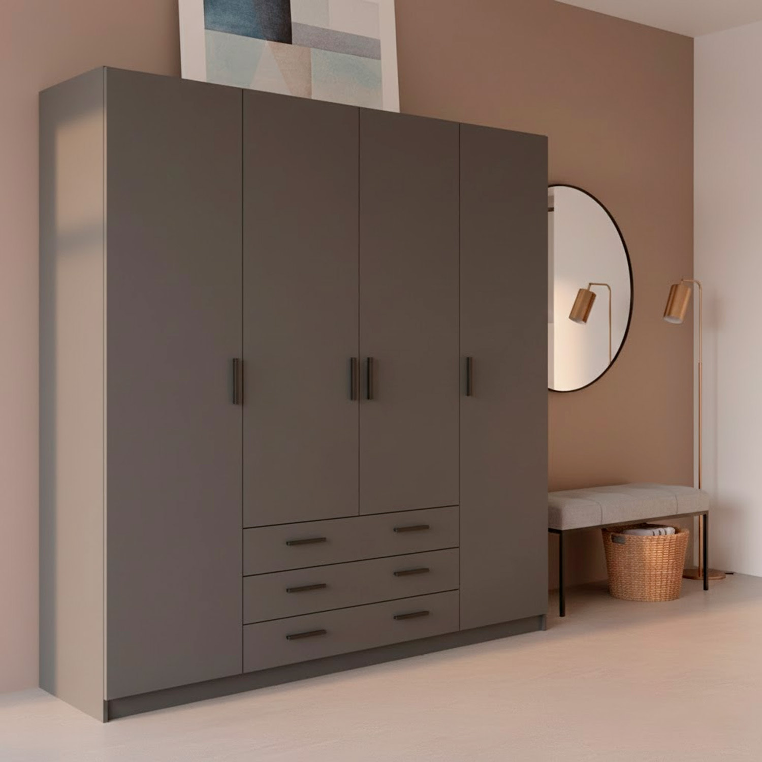 Armadio Con 4 Ante E 3 Cassetti Armadietto Multiuso Barra Appendiabiti E 8 Ripiani Di Cui 6 Regolabili Extra Capiente 195,5x49,6x200,4 Cm Grigio Scuro