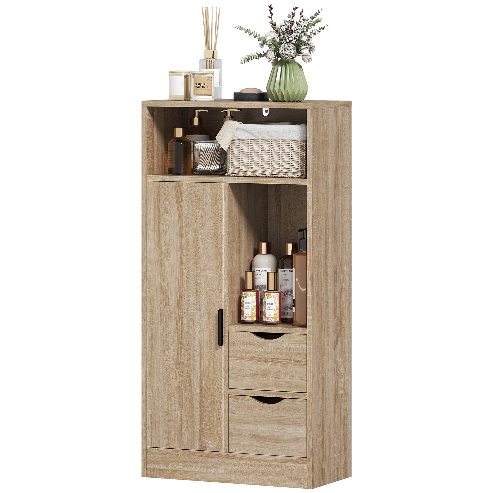 Meuble bas salle de bain porte étagère 2 niches 2 tiroirs - 50 x 25 x 100 cm - naturel