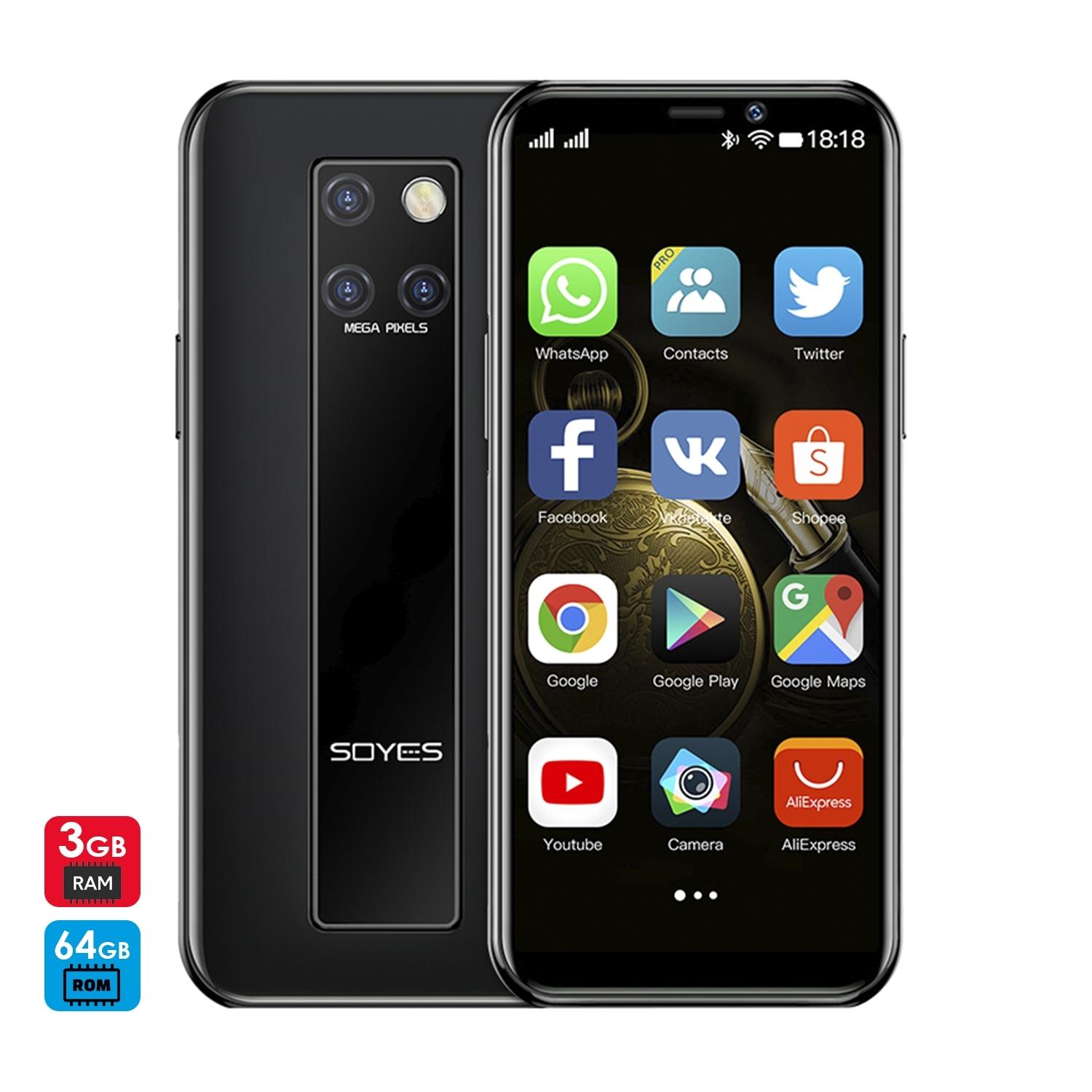 DAM Smartphone Mini S10-H 4G, Android 9.0, 3GB RAM + 64GB. Schermo 3,46''. Doppia SIM 4,5x1x10,2 cm. Colore nero