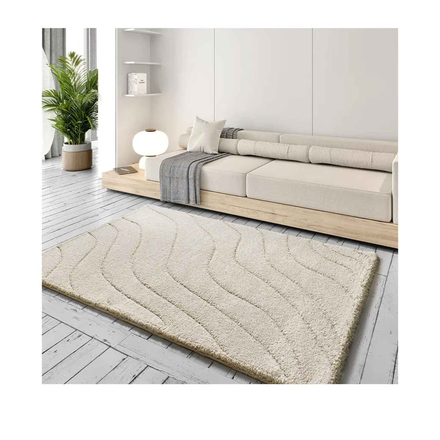 MOLIER Alfombra shaggy con formas abstractas en blanco, varias medidas disponibles.