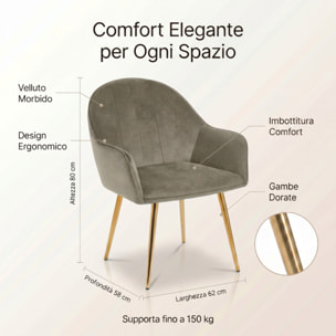 Set 2 poltrone in velluto con gambe oro, sedie imbottite design elegante e moderno, struttura in legno con schienale e seduta confortevoli, rivestimento effetto velluto morbido, ideali per soggiorno camera e ufficio, stile raffinato