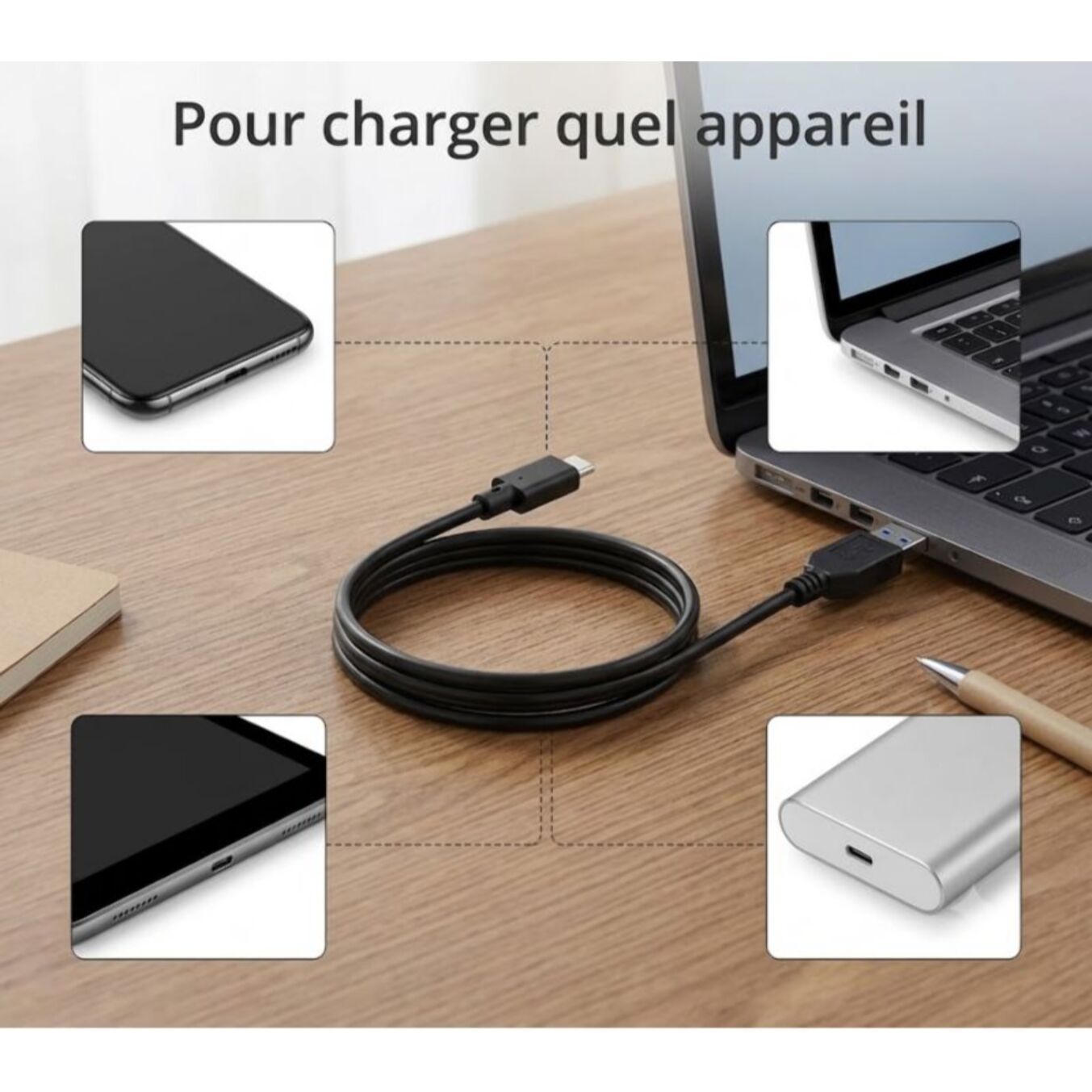 Câble USB C ESSENTIELB Câble vers USB 2M Noir compatible iPhone 17 16 15 Pro Max, Samsung Galaxy S25 S24 Ultra