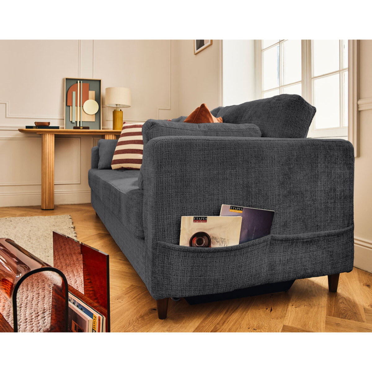 Anna - canapé droit 3 places convertible avec poche en velours texturé - Gris Anthracite