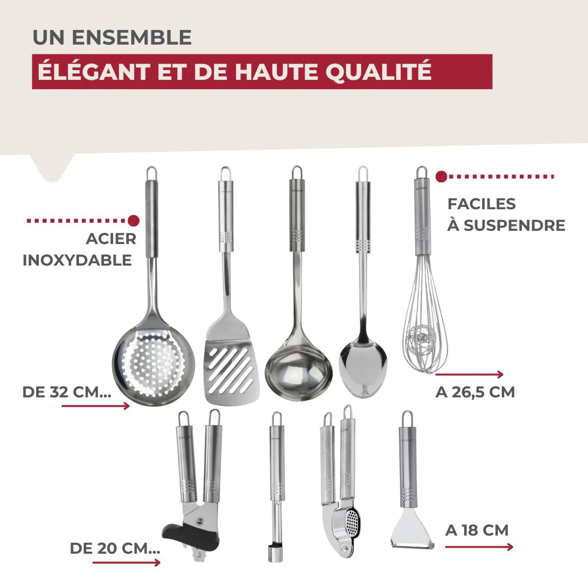 Ensemble de 9 ustensiles de cuisine inox Fackelmann Ovale