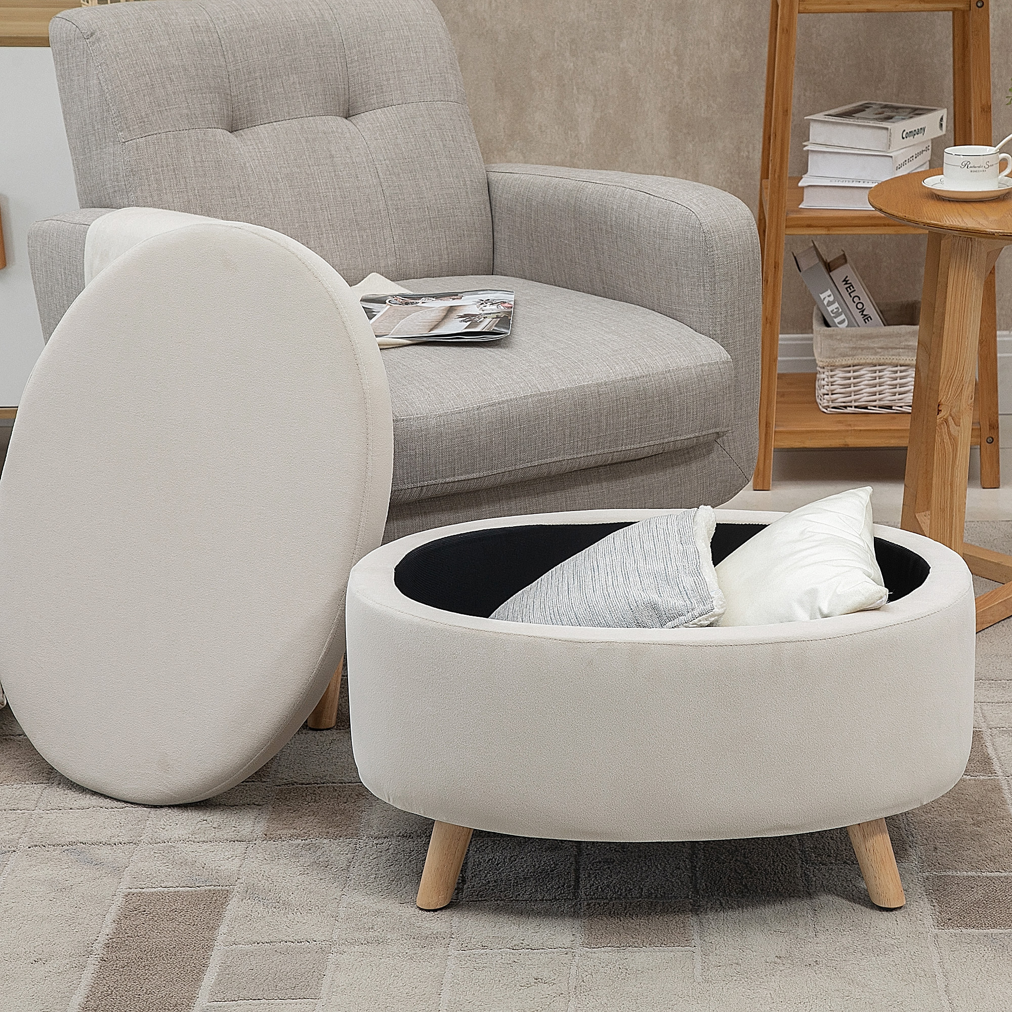 Pouf coffre de rangement - repose-pieds velours - dim. 71 x 51,5 x 42 cm - piètement bois hévéa beige