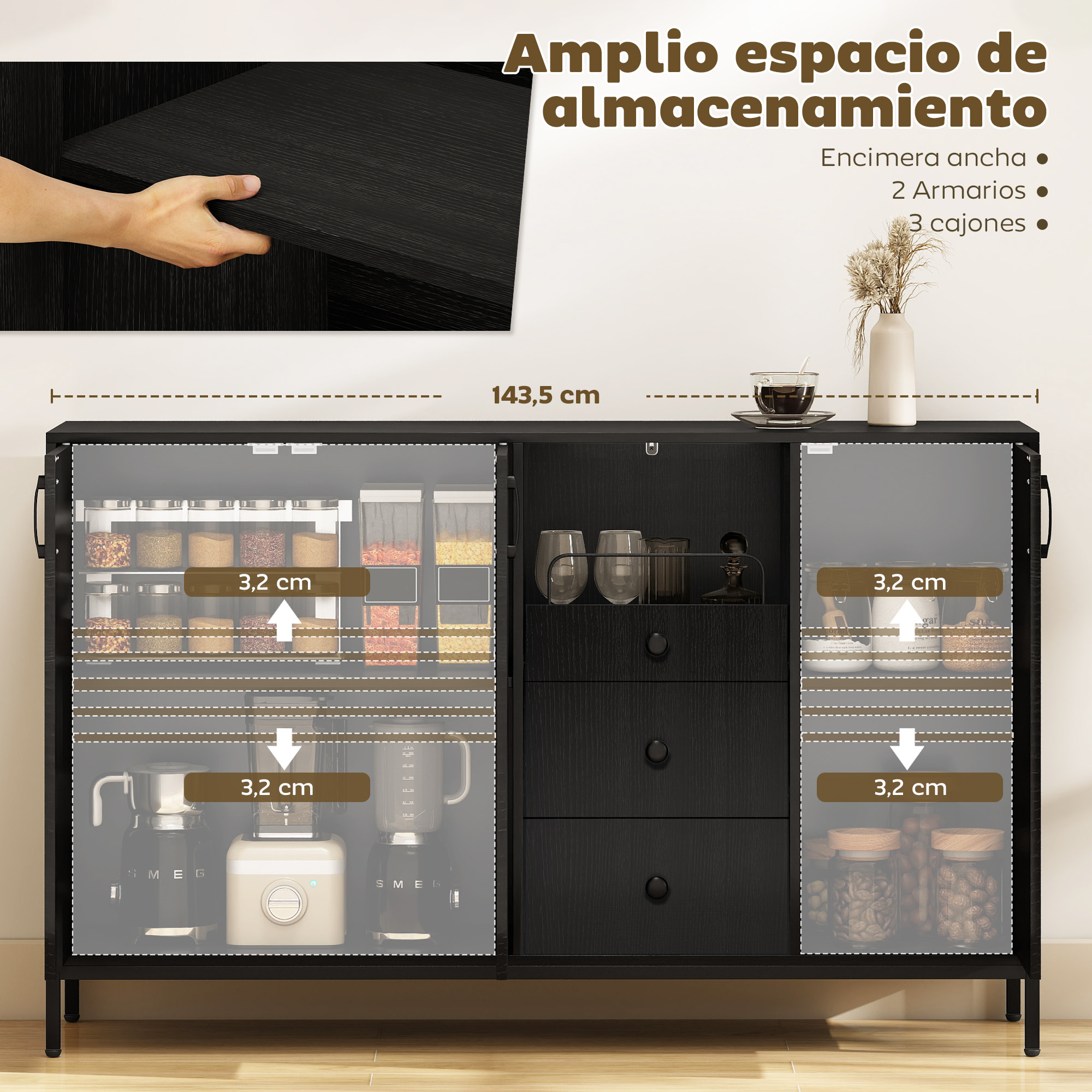 Aparador de 3 Puertas, Aparador de Salón con 3 Cajones, Estantes Ajustables, para Cocina, Entrada, Comedor, Dormitorio, Negro, 143,5x40x90 cm