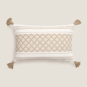 Funda de cojín tejido rombos con borlas Diami color marron beige Algodón y poliéster