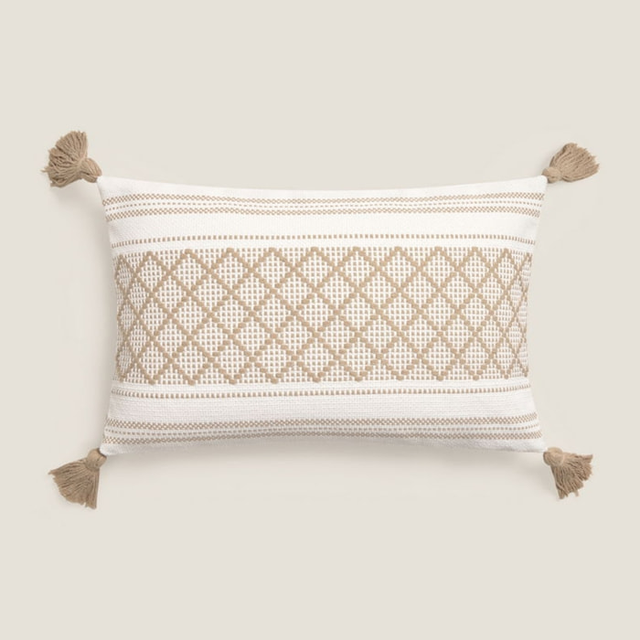 Funda de cojín tejido rombos con borlas Diami color marron beige Algodón y poliéster