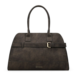 Bolso de mano marrón con cinturón y hebilla