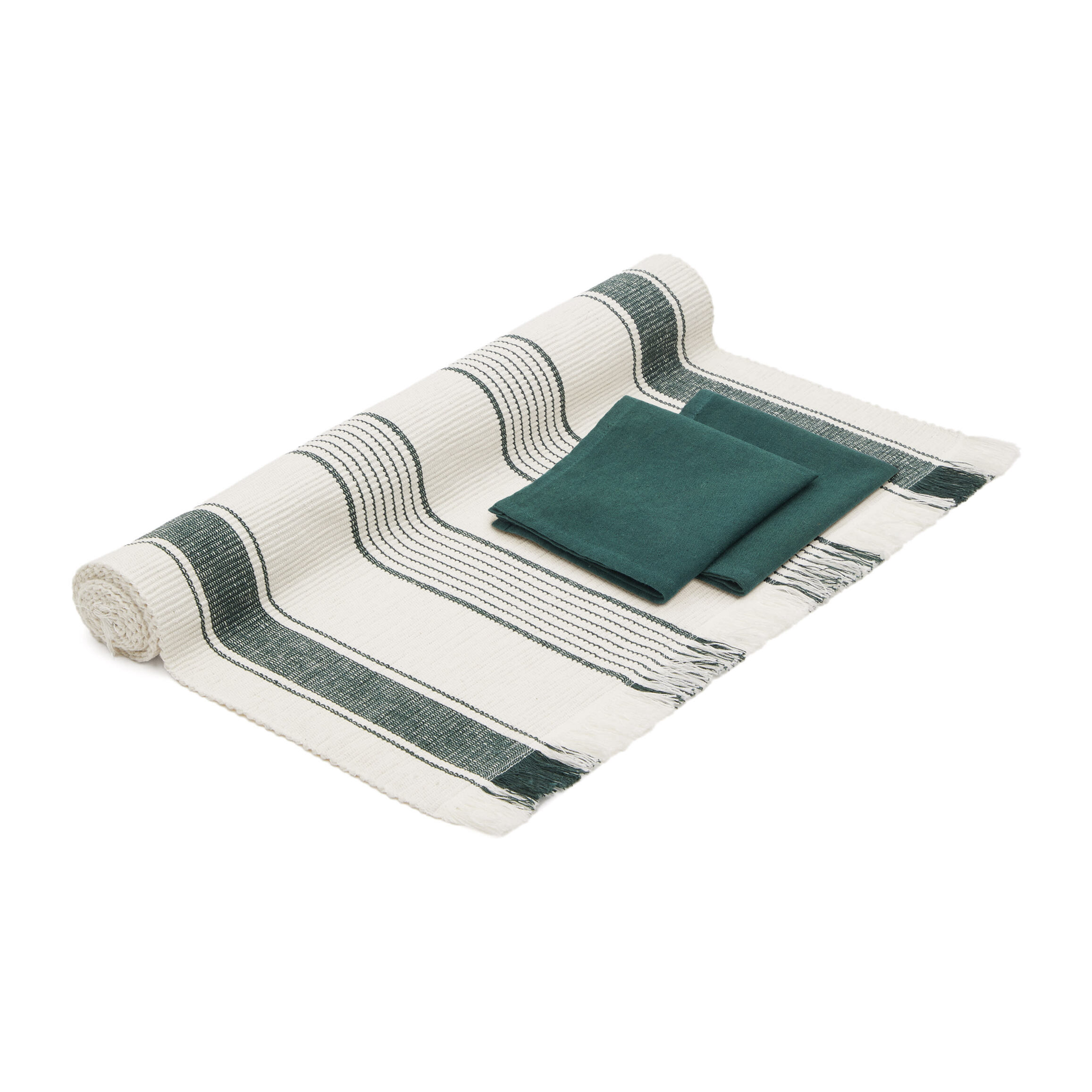 Kave Home - Set Sonima runner da tavolo e 2 tovaglioli 100% cotone a righe beige e verde