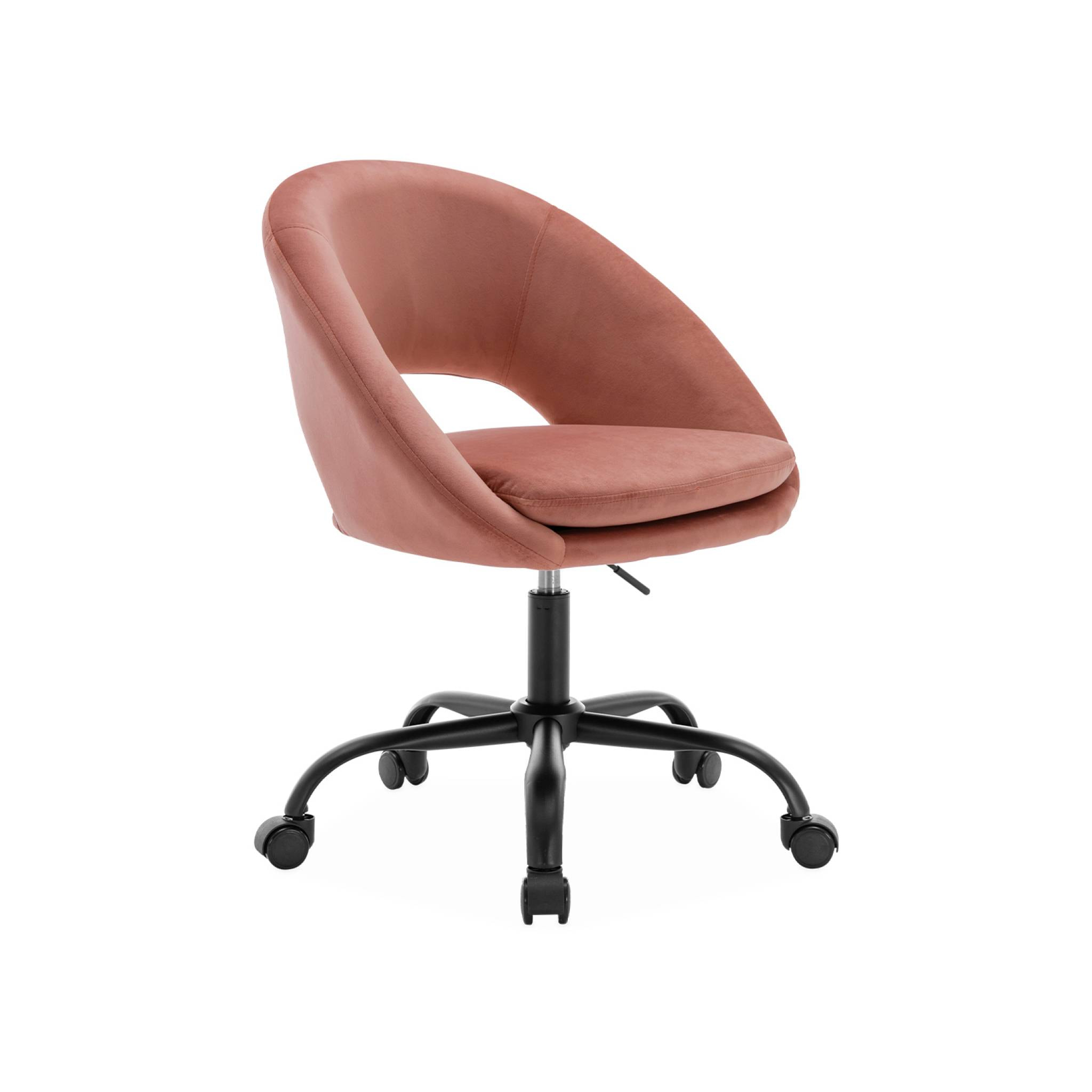 Chaise de bureau ronde à roulettes en velours vieux rose. Pam. L 59 x P 60 x H 79 / 89cm.