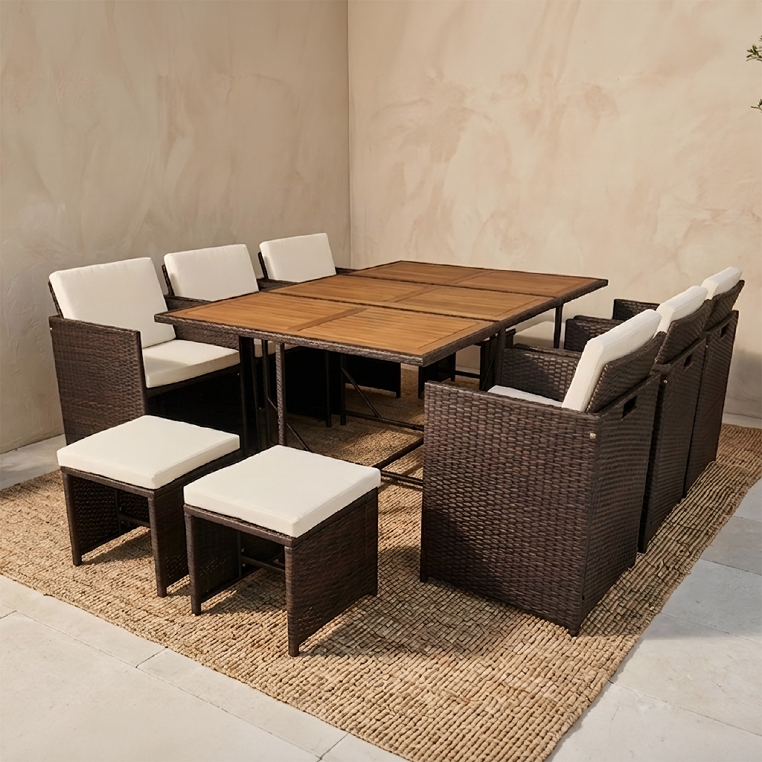 Salon de jardin 10 pl en résine marron et coussins beige + housse CASCO