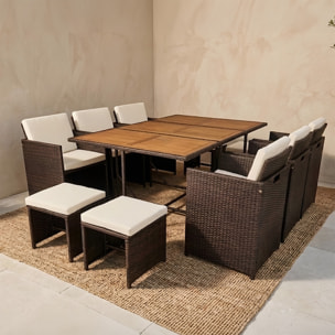 Salon de jardin 10 pl en résine marron et coussins beige + housse CASCO