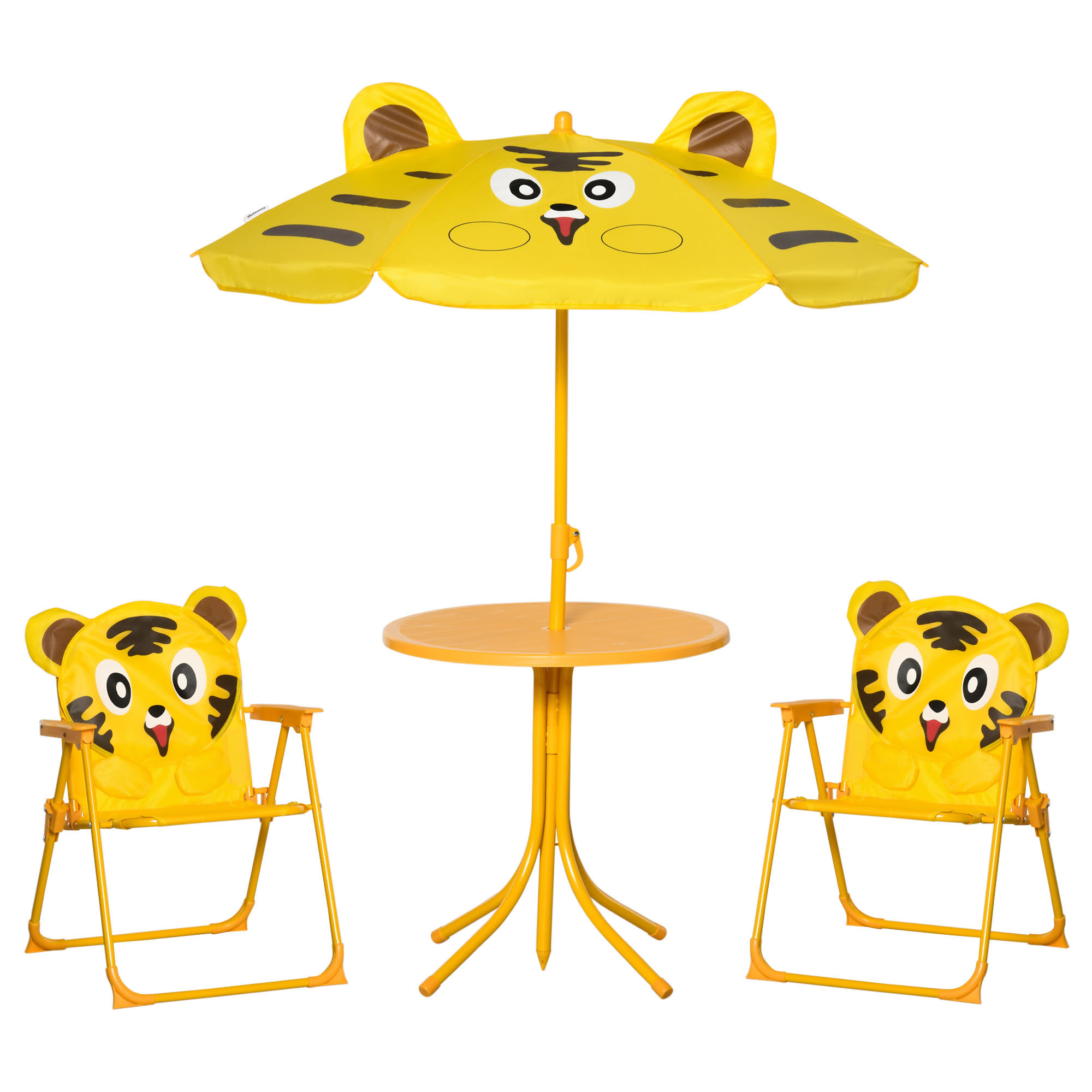 Ensemble salon de jardin enfant 4 pcs design tigre - table ronde + 2 chaises pliables + parasol - métal époxy oxford jaune