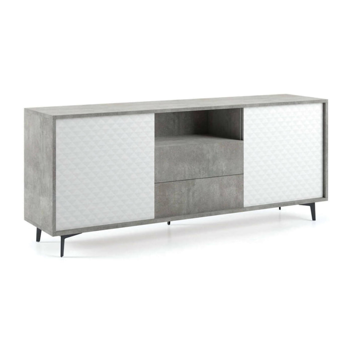 Credenza Garofano, Mobile buffet a 2 ante e 2 cassetti, Madia elegante da soggiorno, Mobile porta TV, 100% Made in Italy, Cm 184x45h77, Bianco e Cemento