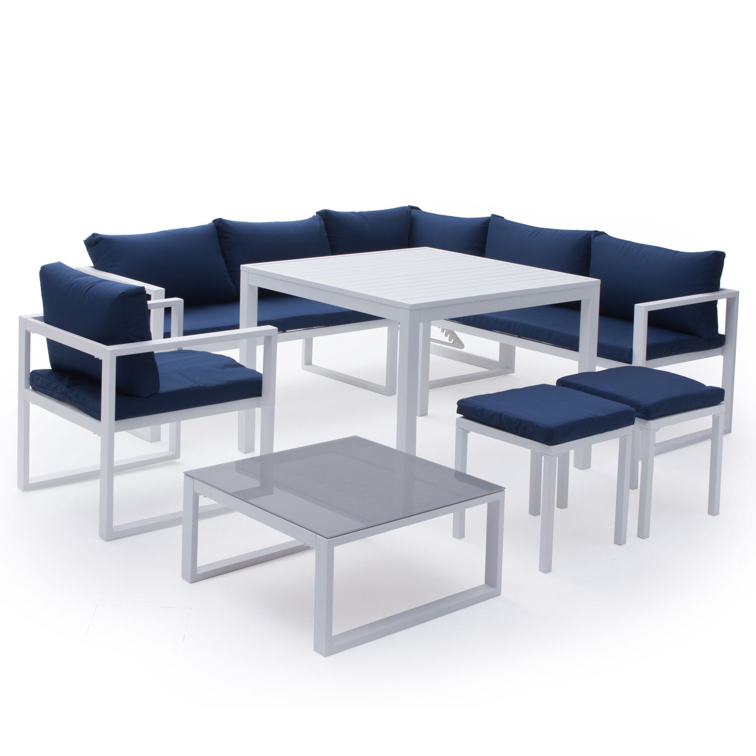 Salon de jardin modulable IBIZA en tissu bleu 7 places - aluminium blanc