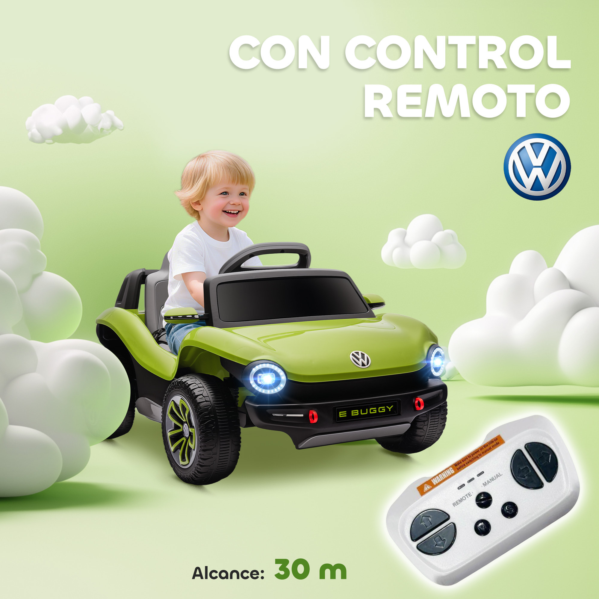 Coche Eléctrico para Niños de +3 Años, Volkswagen E-Buggy, Coche de Batería 12V, con Mando a Distancia 2,4 G, Ruedas con Suspensión, Faros LED, Música, USB, Motor Doble, Verde