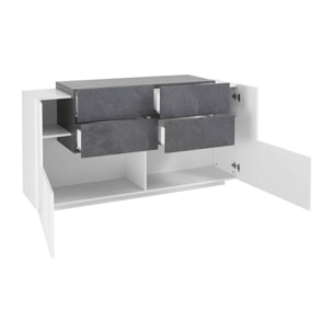 Credenza moderna a 2 ante e 4 cassetti, Made in Italy, Madia da cucina, Buffet di design da soggiorno, cm 160x45h86, colore Bianco lucido e Grigio Ardesia