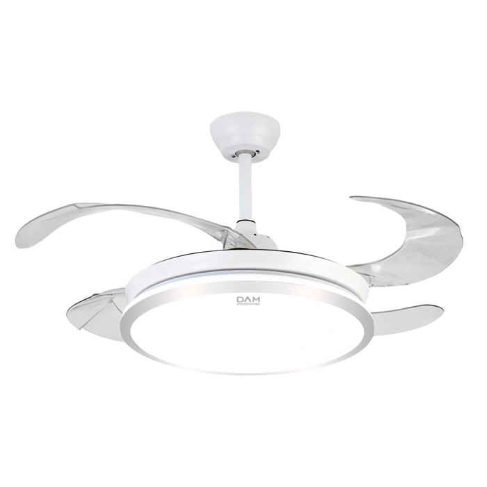 Ventilador de techo 7807. 48" con motor de 36W, luces LED regulables de 60W, 6 velocidades y función invierno/verano. Control mediante mando 2.4G o aplicación móvil.