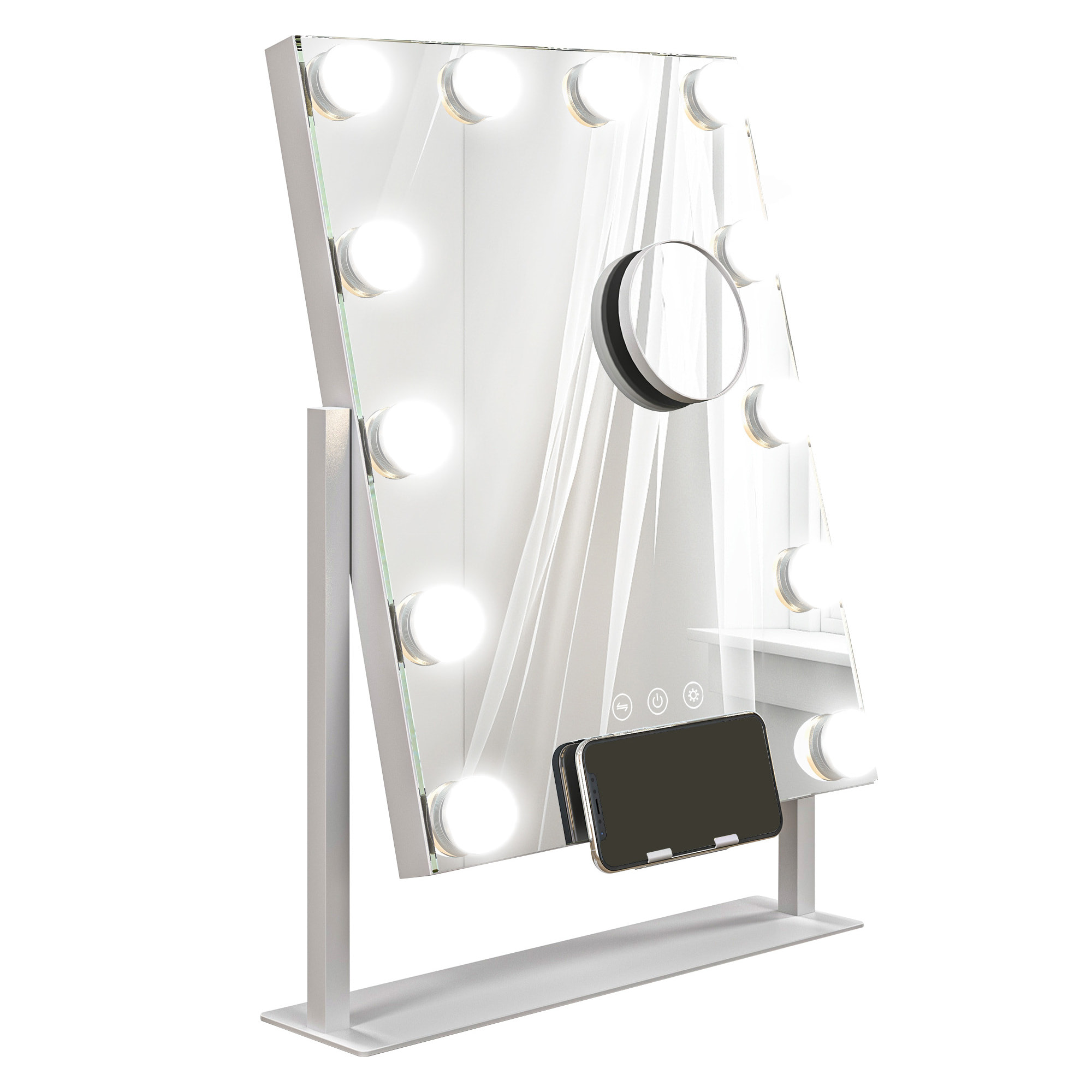 Miroir Hollywood LED rotatif grossissant dim. 36,5 x 45,5 cm 12 ampoules 3 modes luminosité port charge USB