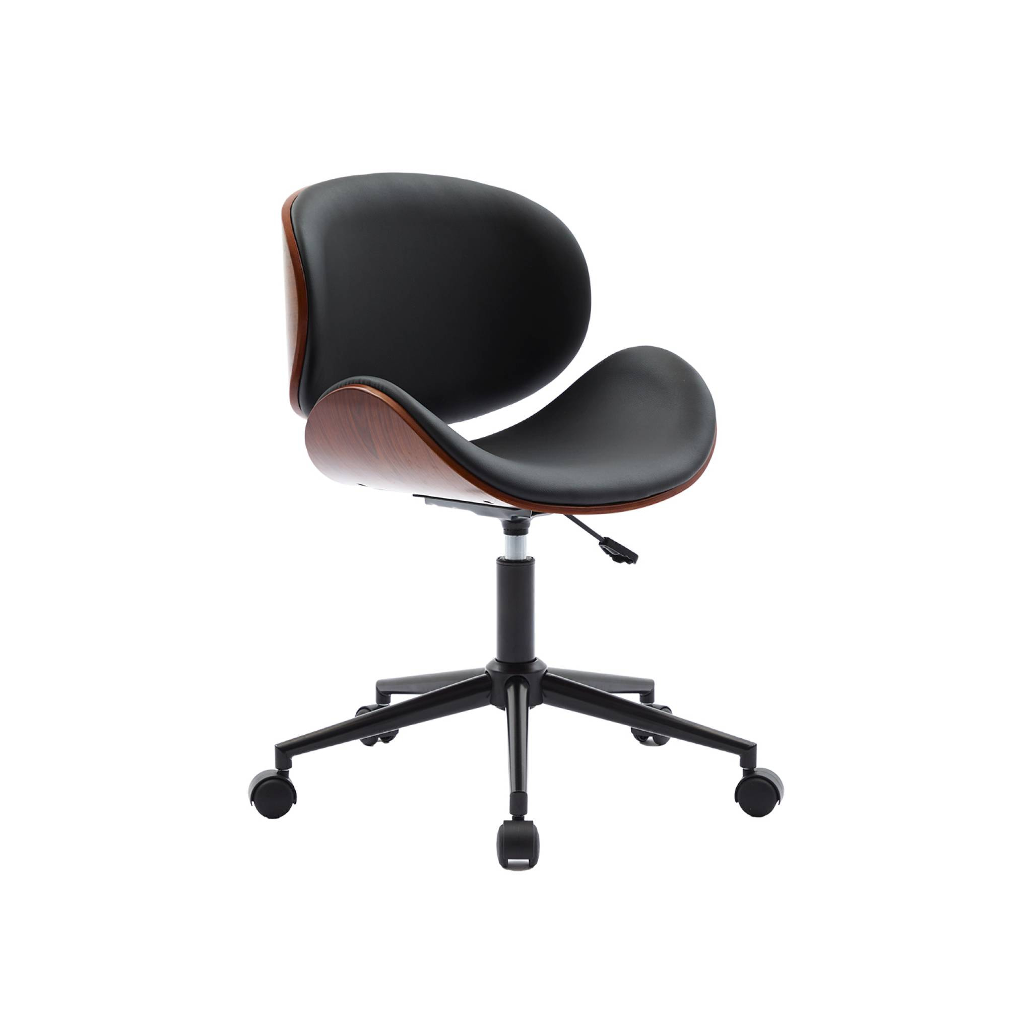 Chaise de bureau à roulettes bois courbé avec placage effet noyer et assise noire