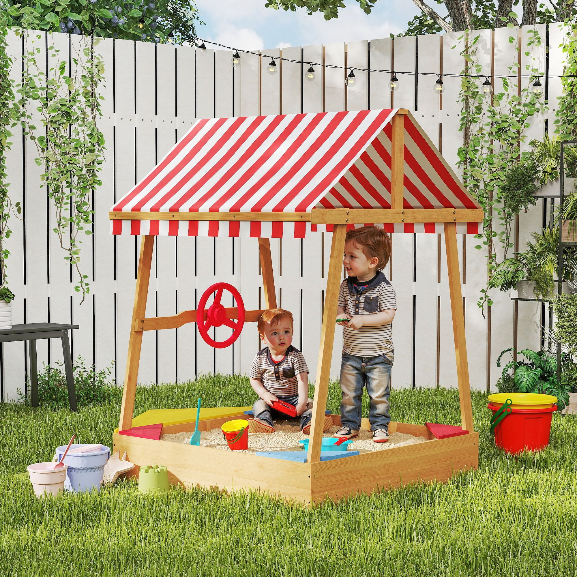 Arenero para Niños de +3 Años Arenero Infantil en Forma de Barco con Toldo y Asientos Arenero para Exterior 133x101x141 cm Natural