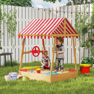 Arenero para Niños de +3 Años Arenero Infantil en Forma de Barco con Toldo y Asientos Arenero para Exterior 133x101x141 cm Natural