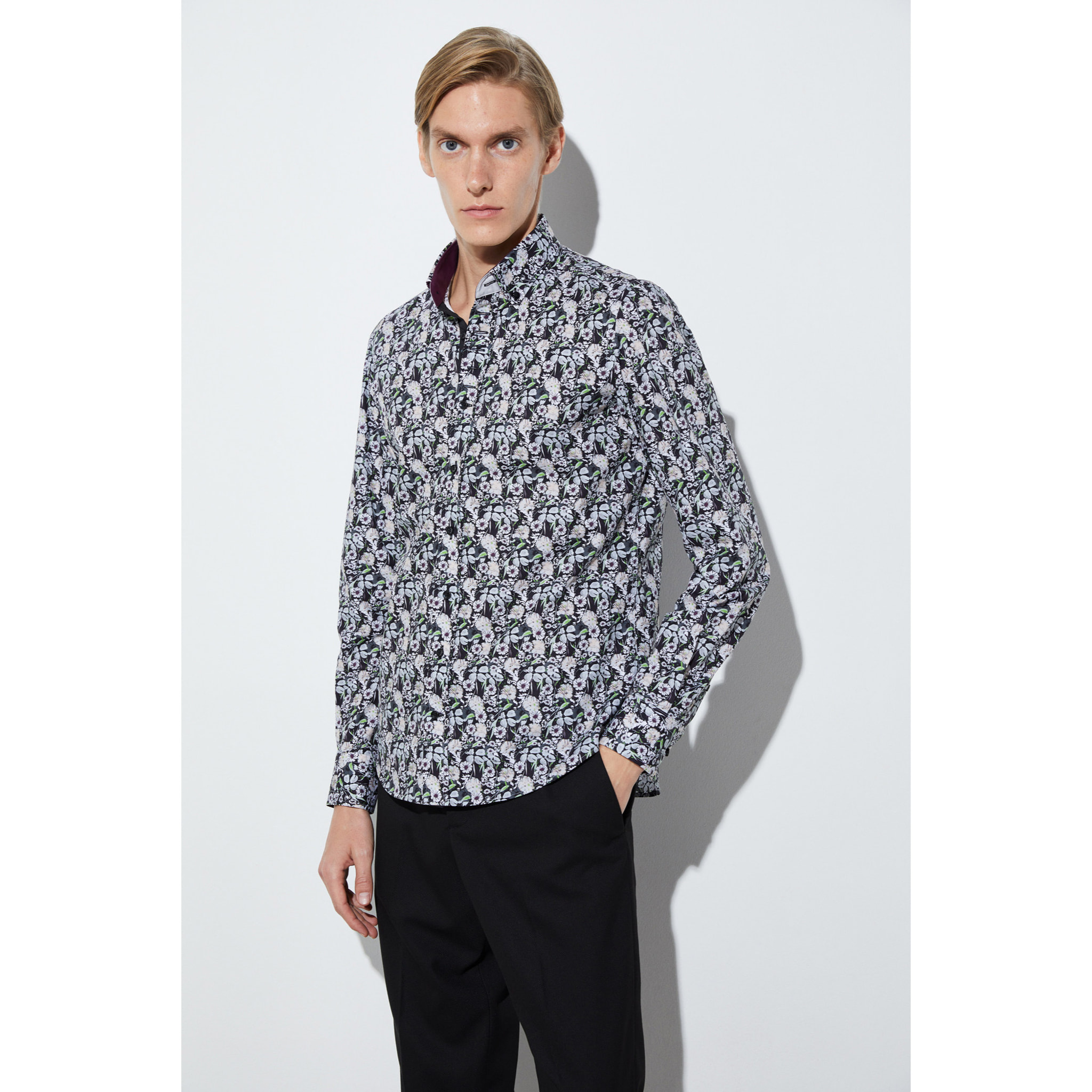 Camicia Uomo 1 Bottoni Button Down Slim Popeline Stampato Nero/Bianco