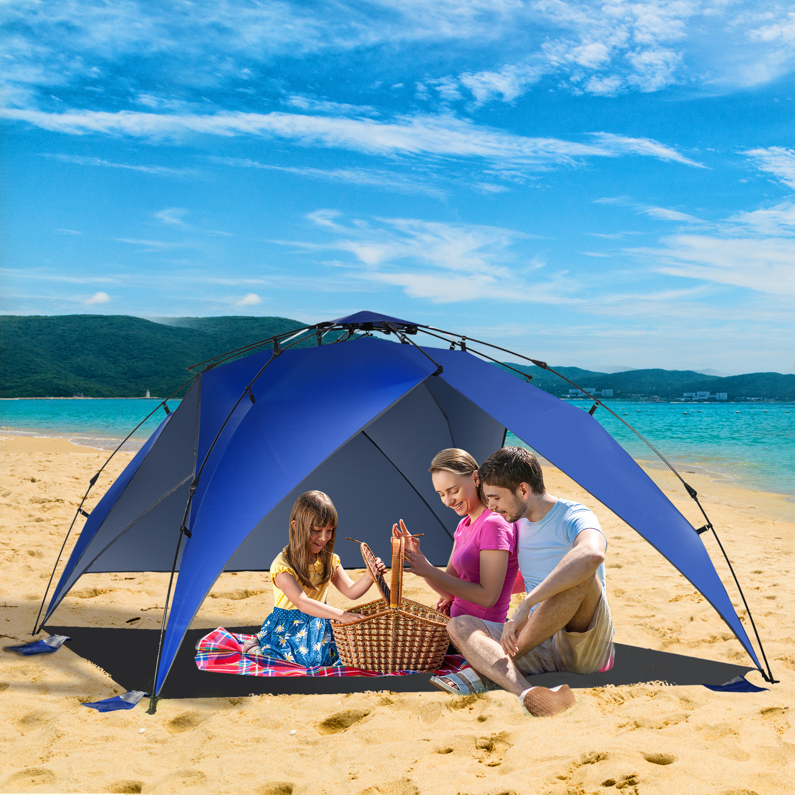 Tienda de Playa Plegable Carpa de Playa con Bolsa de Transporte Apertura Automática Protección UV e Impermeable para Parque Camping 247x247x145 cm Azul