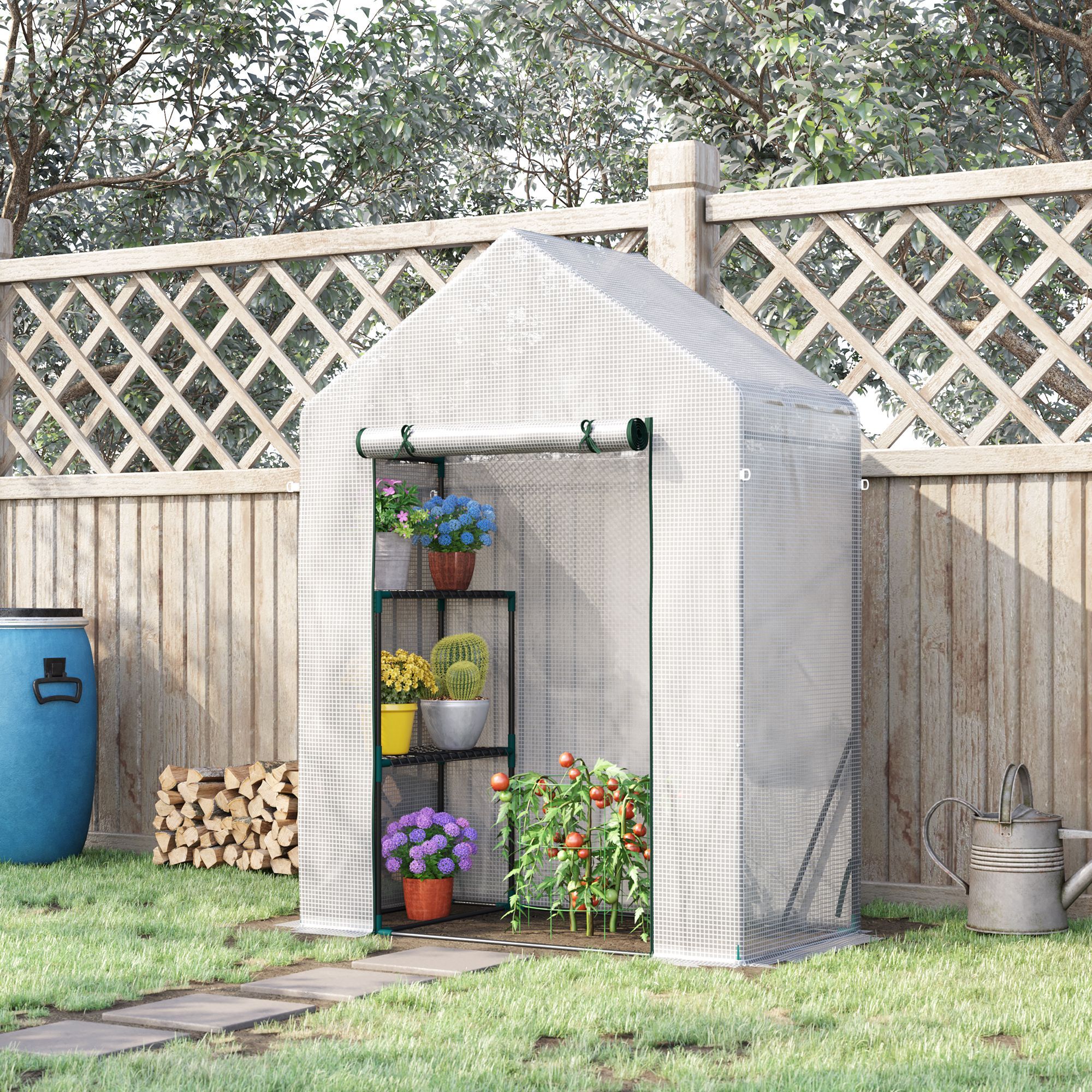 Outsunny Serra da Giardino per Esterni con 2 Scaffali, Porta Avvolgibile, 143x73x195cm, Bianco