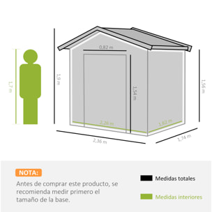 Caseta de Jardín de 4,1 m² 236x174x190 cm Cobertizo Exterior para Almacenar Herramientas con Puertas Correderas y 4 Ventanas para Terraza Patio Verde