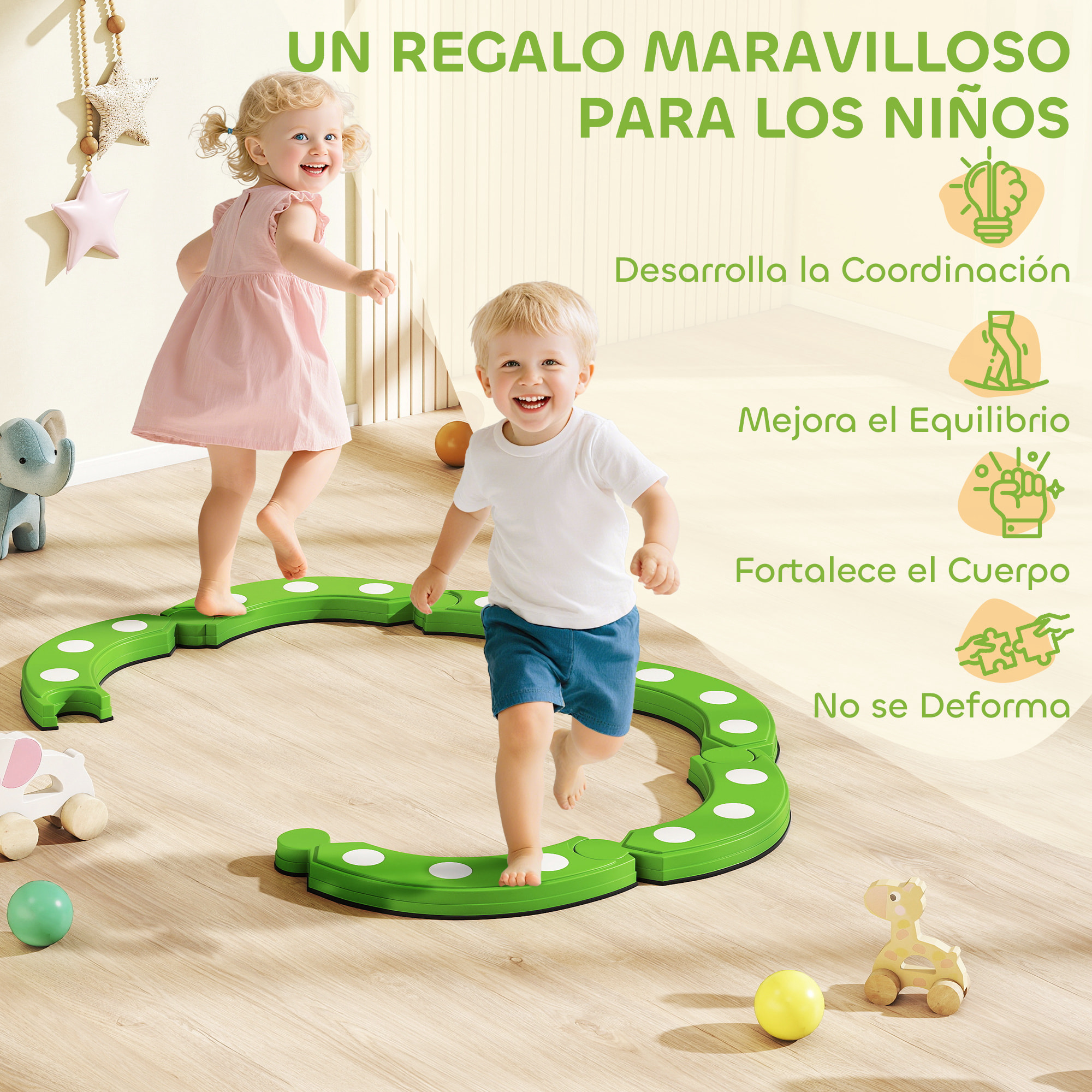 Tabla de Equilibrio para Niños de +3 Años con 6 Piedras de Equilibrio Puntos Táctiles Barra de Equilibrio para Niños para Entrenamiento de Equilibrio en Interiores y Exteriores Verde