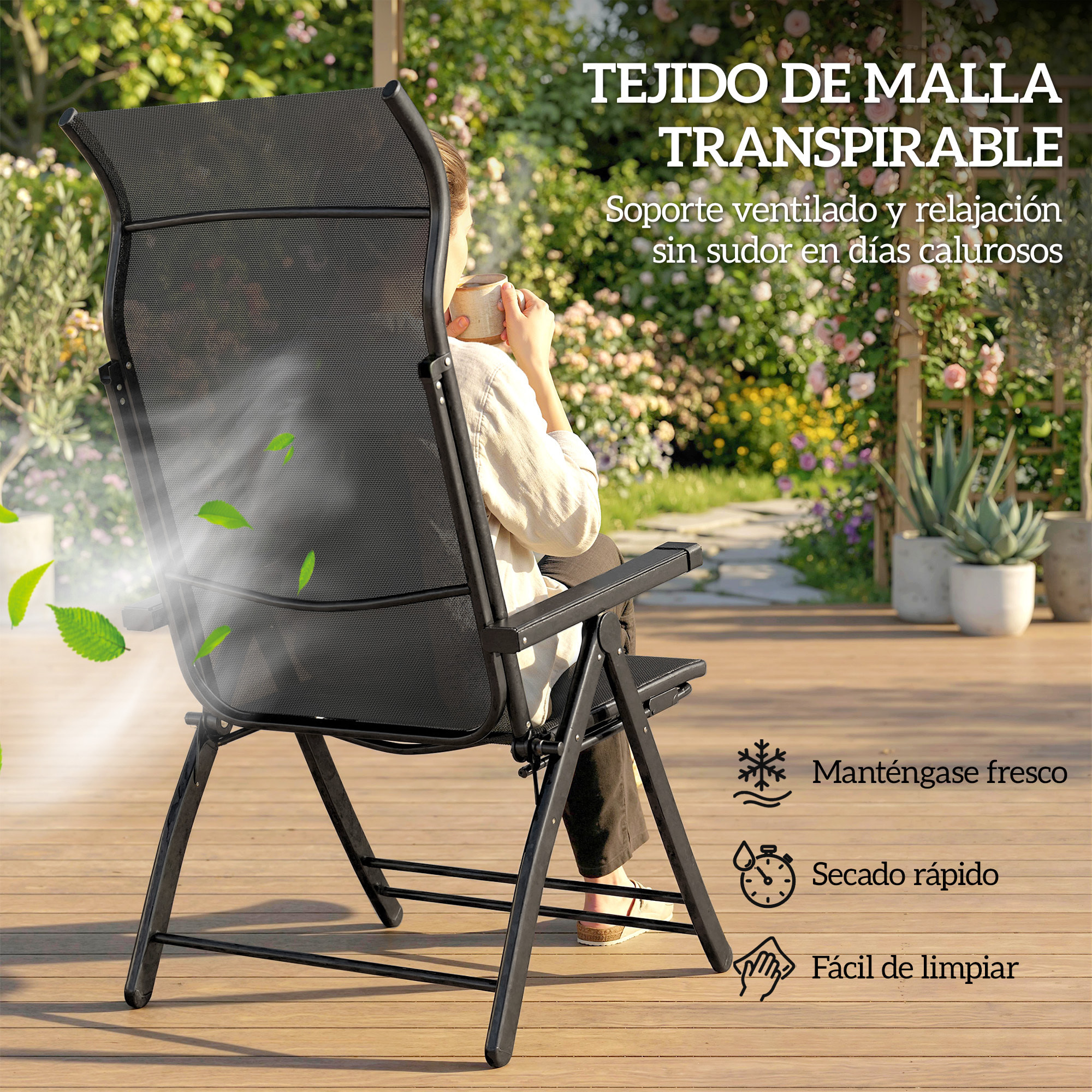 Pack de 2 Sillas Plegables Reclinables, Sillas de Jardín Exterior con Respaldo Alto Curva Ajustable en 5 Posiciones, Reposapiés Retráctil y Marco de Metal, para Patio, Playa, Gris Oscuro