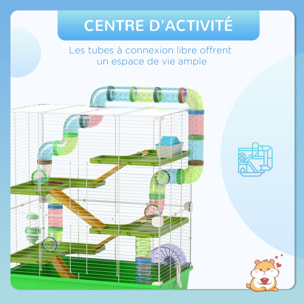 Grande cage à hamsters 5 niveaux - tunnels, abreuvoir, roue, maisonnette, échelles - dim. 59L x 36l x 69H cm - métal PP vert