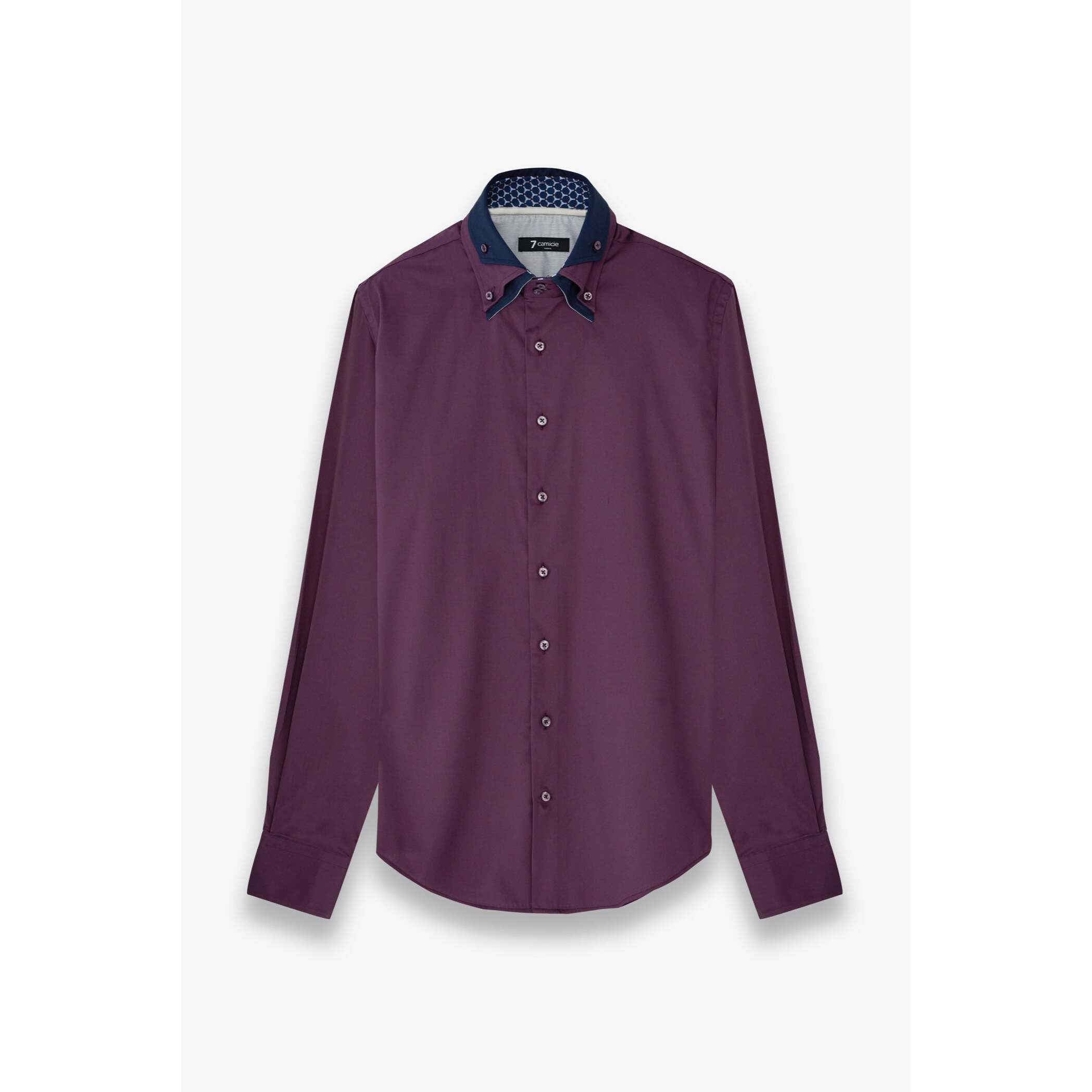Camicia Uomo 2 Bottoni Button Down Triplo Collo Slim Satin Unito Viola Melanzana