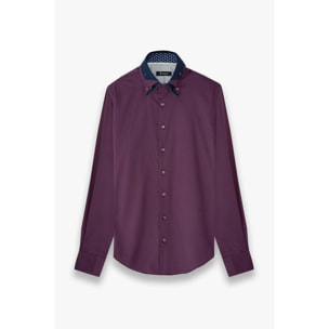 Camicia Uomo 2 Bottoni Button Down Triplo Collo Slim Satin Unito Viola Melanzana